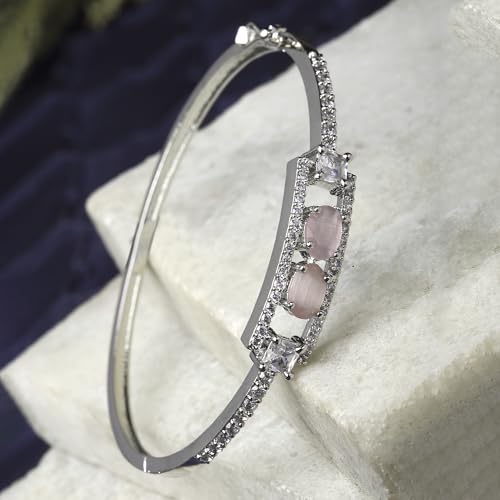 Image of ZENEME Rhodium-Plated Oval Shape American Diamond Studded Handmade Kada Bracelet For Girls and Women