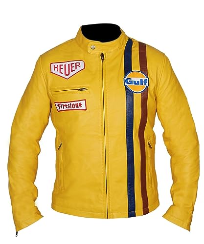 Mens Yellow Racing Genuine Leather Jacket