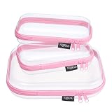 YQBRAO 3-Pack Clear Hard Shell Zipper Case Pink, 1.2mm Heavy-Duty Crush-Proof Travel Makeup Bag, TSA Approved Clear Zipper Pouches, Rigid Toiletry & Diaper Bag Organizer for Tech, Toys & Art Supplies