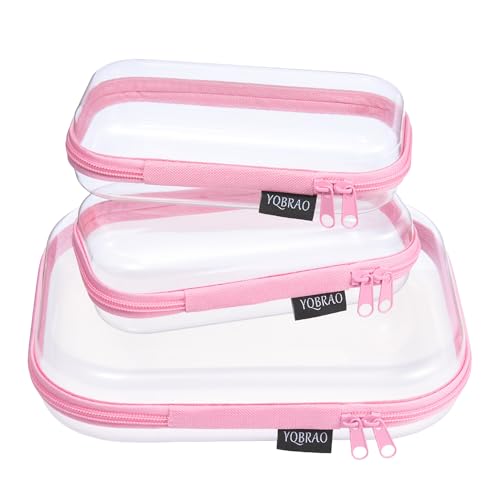YQBRAO 3-Pack Clear Hard Shell Zipper Case Pink, 1.2mm Heavy-Duty Crush-Proof Travel Makeup Bag, TSA Approved Clear Zipper Pouches, Rigid Toiletry & Diaper Bag Organizer for Tech, Toys & Art Supplies
