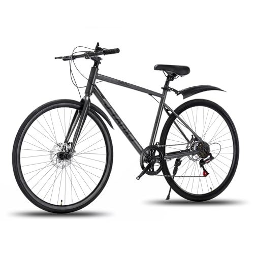 J-TANXJ 自転車 ロードバイク 700C 6段変速 26インチ 軽量 高炭素鋼フレーム クロスバイク ディスクブレーキ 泥除け完備 男女兼用 通勤 通学 旅行 街乗り サイクリング 10 (グレー)