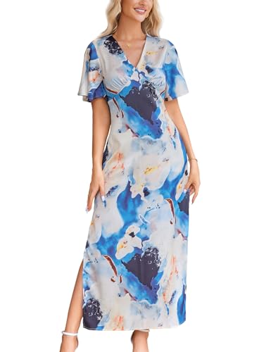 Image of Women's 2025 Satin Dress Elegant Deep V Neck Flutter Sleeve A-Line Gown Cocktail Party Maxi Dresses