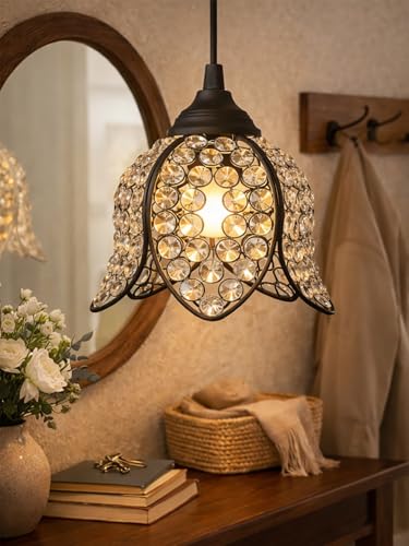 Image of Lotus Crystal Pendant Light Modern Ceiling Fixture, Stylish Home Decor, Warm White, Living Room, Bedroom, Contemporary Design, Decorative Crystal Chandelier (Black)