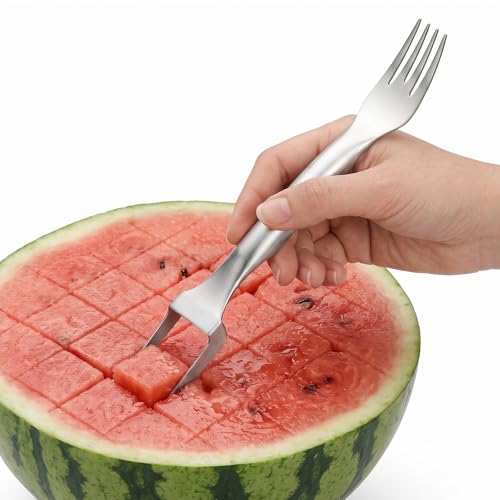 Image of 2-in-1 Watermelon Fork Slicer Cutter Tool 304 Stainless Steel | Upgraded Dual Blades for Quick Slicing, Durable Solid One-Piece Construction for Home Party Camping Kitchen Gadget