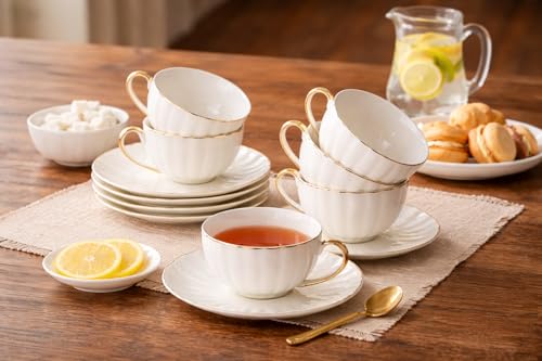 Image of White Bone China Tea Cups and Saucers Set of 6 (180 Ml), Porcelain Tea Cup Set with Golden Trim, Dishwasher Safe for Tea Milk & Coffee Chai, Teacup Set