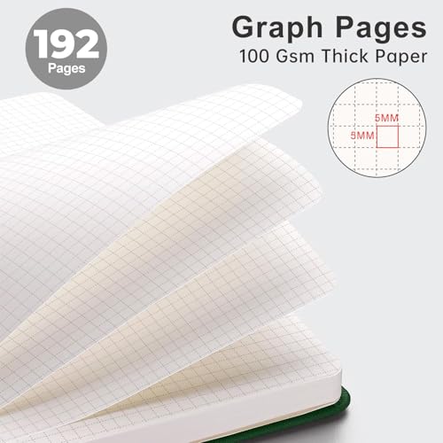 Image of AHGXG Graph Grid Paper Notebook, 192 Pages, A5 Medium Size (5.7'' x 8.3'') | 5 Squares per Inch, Leather Hardcover, 100 GSM Thick Paper, for School, Students, Math, Engineering (Light Green)