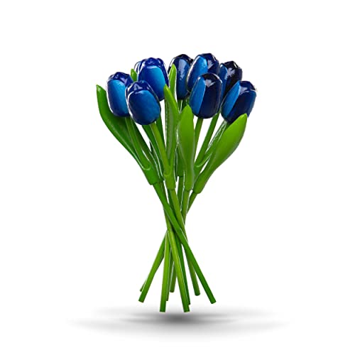 MomoMoments Ramo de Tulipanes de Madera Azul, 9 Tulipanes Artificiales Pintados a Mano, 34 cm de Altura, Ramo, decoración, Regalo, Made in Holland
