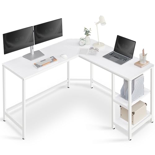 VASAGLE Escritorio, Mesa de Ordenador en Forma de L, 138 x 138 x 76 cm, Esquina con 2 Estantes, Ahorra Espacio, para Oficina Casa, Juegos, Blanco Arce LWD072W44