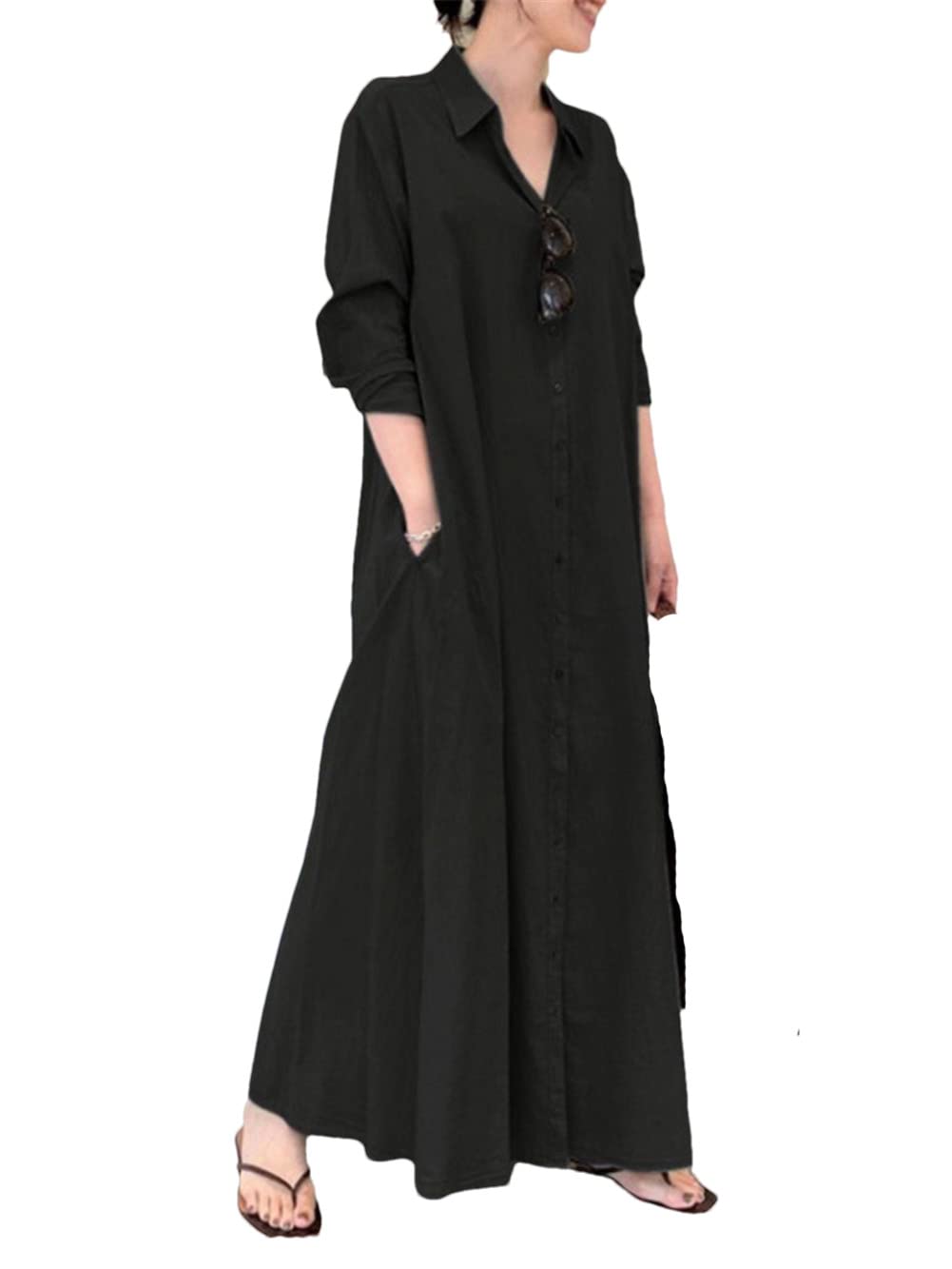 Robe d'été en coton et lin de qualité supérieure coupe ample décontractée noir