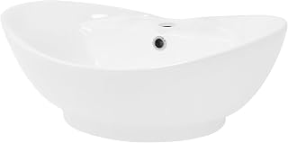 LuxeBath Lavabo Ovalado de Cerámica con Agujero Grifo Blanco Brillante Aseo Lavamanos sobre Encimera - 59x20,5x39,5 cm - Diseño moderno Pila de Pie para el Cuarto de Baño y de Invidatos-WC