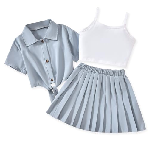 Image of HIHA Girls 3 Piece Outfit Cami Crop Tops Skirt Set with Button Down Shirts Size 6-12