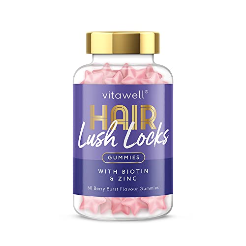 Vitawell Hair Lush Locks Gummies - Hair Growth + Skin + Nails Vitamins Chews | Complex Formula 5000µg Biotin + Zinc + Vitamin A, D3, C, B12 | 60 Mixed Berry Flavour | Supplement for Men & Women