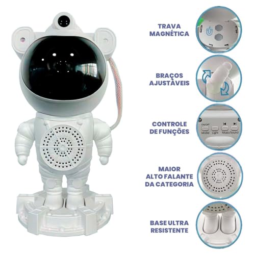 Projetor de Luz Astronauta Ajustável com Bluetooth e Múltiplos Efeitos Para Decoração de Quarto e Ca