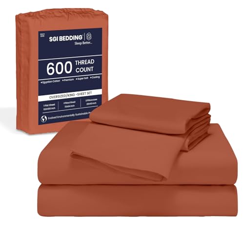 Image of SGI bedding 120 inch W x 80 inch L 4Pc Family King Sheet Set 100% Egyptian Cotton - 600 Thread Count, Fits 12 inch Deep Pocket - Soft Breathable Oversized Sheets, for Extra Large Beds - Terracotta