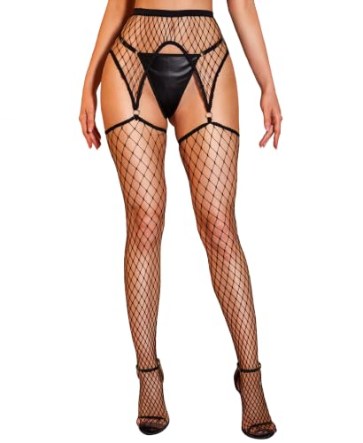RSLOVE Fishnet Stockings for Women - Garter Thigh High Stockings Sexy Fishnet Tights High Waist Pantyhose Lingerie Black - image 1