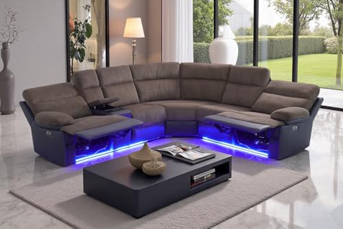 Image of Power Corduroy Recliner Sectional Sofa with LED Lights for Living Room, L Shaped Reclining Sectional Sofa, Modular Corduroy Couch with Coffee Table /Hidden Storage for Home Theater Seating