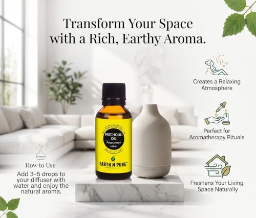 Image of Earth N Pure Patchouli Essential Oil | 100% Pure & Natural | Undiluted | For Diffuser, Aromatherapy, Skincare, Hair Care & Perfume Making | Deep Earthy Aroma | 30ml