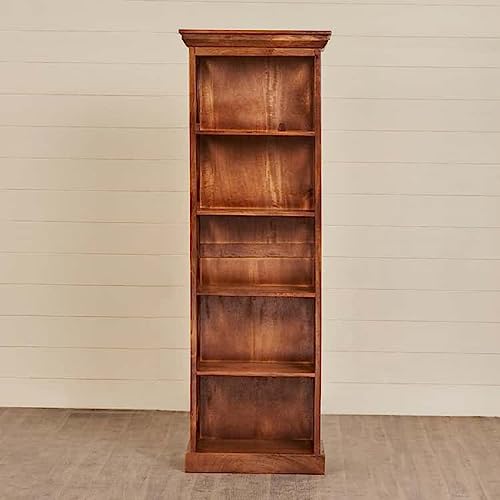 Image of Moracco Solid Wood Bookshelf - 5 Shelf Designer Floor Standing Bookcase with Mango Wood and Honey Finish for Home and Office Library Ideal for Home Decor