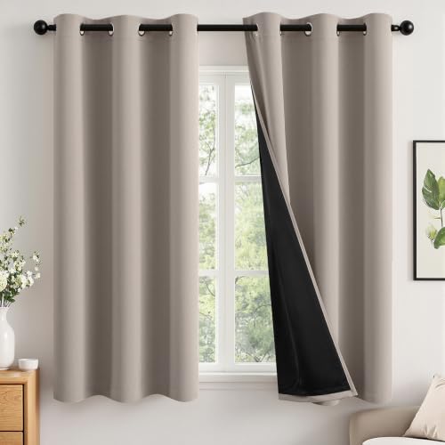Image of MIULEE Natural 100% Blackout Curtains for Bedroom 40x45 Inch Long 2 Panels | 2 Thick Layers Thermal Insulated Short Curtains with Black Liner, Noise Reducing Grommet, Drapes for Living Room