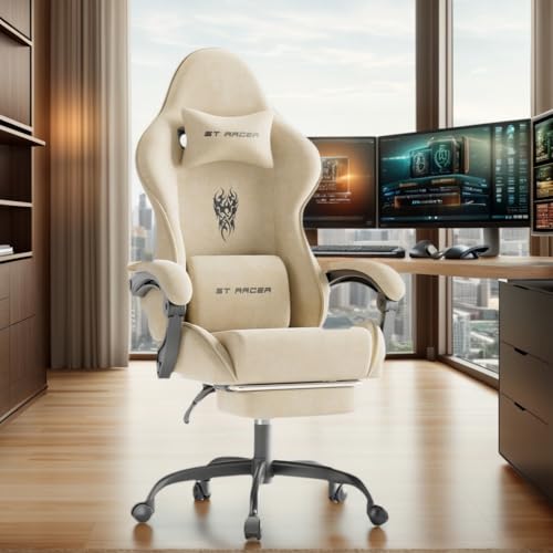 Image of Soontrans Velvet Fabric Gaming Chairs with Footrest, Ergonomic Video Gamer Chair for Adult, Reclining Office Computer Desk Game Chairs with Massage Lumbar Cushion,Headrest