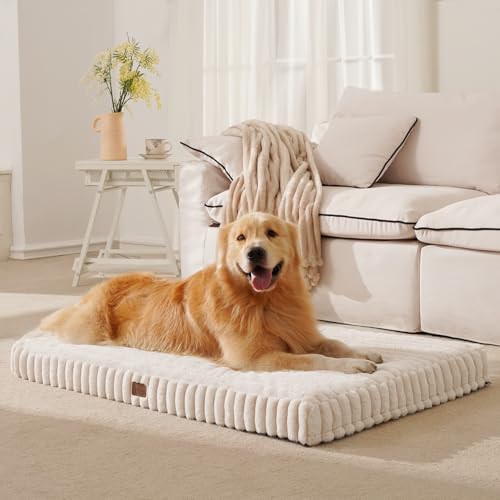 DOPEDIO Dog Bed Cream White L Waterproof Removable Cover Calming Crate Mattress with Anti Slip Bottom Soft and Warm
