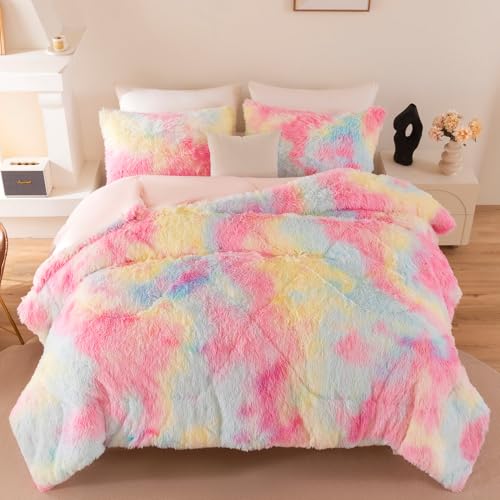 Image of Faux Fur Fluffy King Comforter Set Plush Shaggy Furry Bedding Set - Soft Warm Rainbow Tie Dye Quilt Set, 3 Pieces (Rainbow, King)