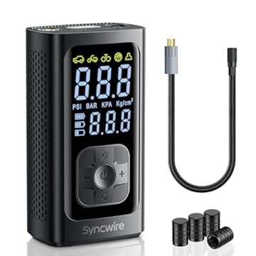 Syncwire Compressore Aria Portatile 10.35BAR Gonfiaggio Più veloce Compressore d'aria Pompa per Pneumatici Car Inflator per Auto, Biciclette, Motociclette, Palloni, con Tappi per Valvola Pneumatici