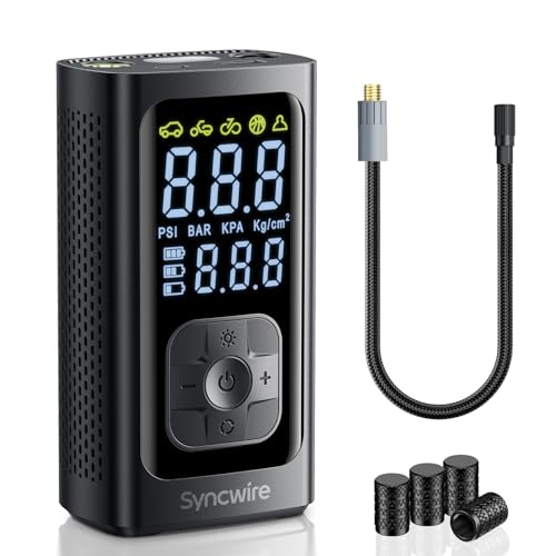 Immagine prodotto: Syncwire Compressore Aria Portatile 10.35BAR Gonfiaggio Più veloce Compressore d'aria Pompa per Pneumatici Car Inflator per Auto, Biciclette, Motociclette, Palloni, con Tappi per Valvola Pneumatici
