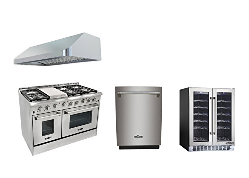 Thor Kitchen 48 6 Burner Dual Fuel Range with Double Oven+48‘’ Range Hood+24 Built-in Dishwasher+36 Bottle Wine cooler