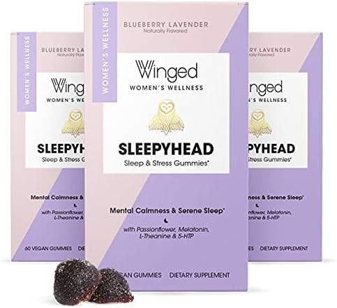 Winged Sleepyhead Gummies | Non-Habit Forming Natural Sleep Supplement | 8 Powerful Nutrients with Melatonin, L-Theanine, 5-HTP, Passionflower & Lemon Balm | Blueberry Lavender Flavor (90 Servings)