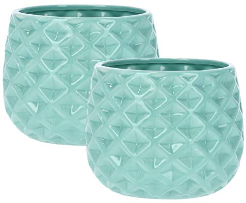 KOTARBAU® Juego de 2 macetas de cerámica, diámetro de 13 cm, para Flores y Plantas, Color Azul Turquesa, Maceta Decorativa, Redonda, Diseño geométrico y Minimalista, Cerámica esmaltada Brillante