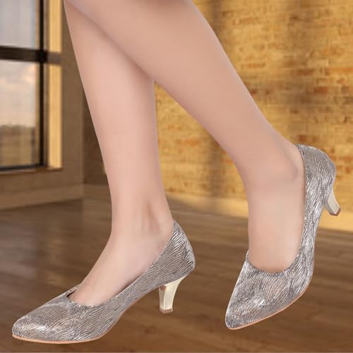 Image of Action Women's Suede Stiletto Pumps| Silver Textured Pattern| Gold Heel| Evening Antique