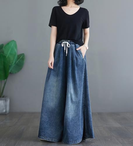 chouyatou Women's Casual Wide Leg Denim Pants Baggy Culotte Jeans Drawstring Waist Loose Trousers4