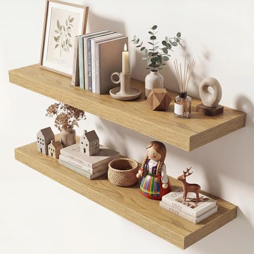 Image of Dreamland 32 Inches Floating Shelves for Wall, 9.3 inch Deep Long Floating Shelves Set of 2, Large Display & Storage Shelf, Wall Shelf for Bathroom Bedroom Living Room Kitchen Office, Oak