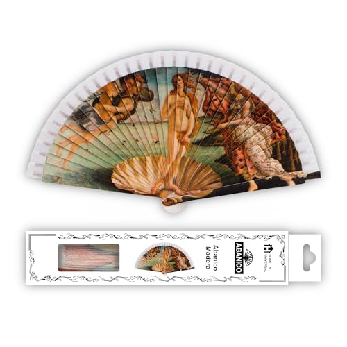 H.U.S.L® Abanico 23CM DE Madera Lisa con Tela DE Marfil, Abanico DE Madera Adornado, Abanico Original (El Nacimiento de Venus (Botticelli))