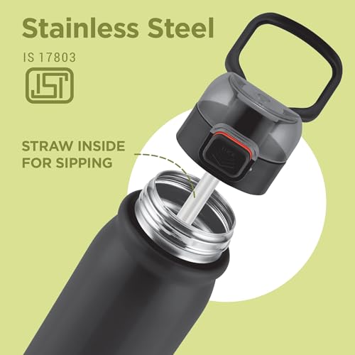 Image of MILTON Reva 1000 ISI Certified Stainless Steel Water Bottle with Twin Lid Sip or Gulp, 1 Litre | Single Wall, BPA-Free, Leakproof | Sturdy Handle | Ideal for Home, Office, Gym & Travel, Black