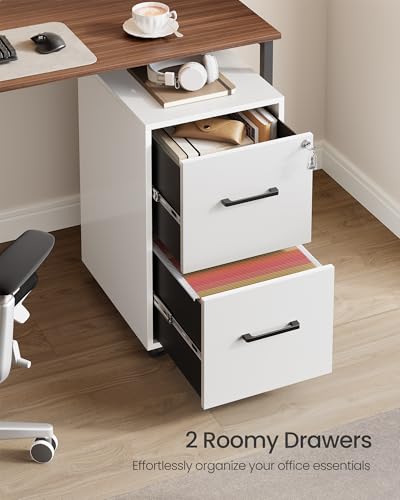 Image of SONGMICS File Cabinet, Pre-Assembled Except Wheels and Handles, Office Filing Cabinet with Lock, for A4, Legal, Letter Sized Documents, 17.7 x 14.4 x 25.4 Inches, Matte White and Black UOFC112W01