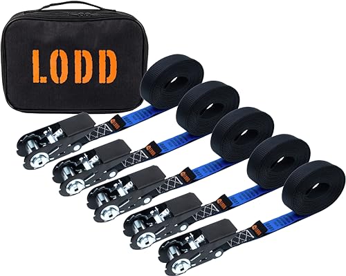 LODD - 5 Sangles d'Arrimage à Cliquet en Acier 6m x 25mm - Polyester Résistant (800 kg) avec Sac de Transport - Norme en 12195-2 - Fixation Universelle pour Déménagement, Remorque, Vélo, Moto