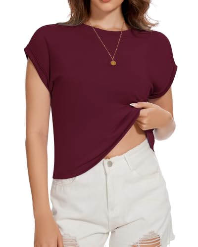 Image of Womens Crop Tops Summer Roll Cap Sleeve Cropped Tshirt Loose Fit Basic Tees