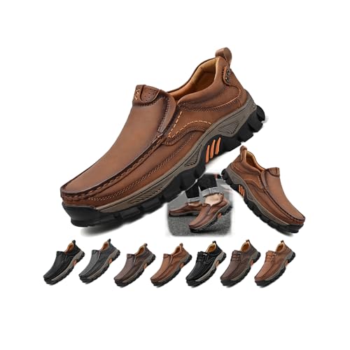 Enjerr Orthopedic Slip-On Balance Shoes Men, Breathable Non-Slip Leather Loafers with Arch Support, Casual Comfortable Walking & Travel Shoes (Brown-a,10)