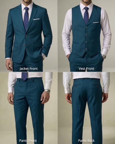 Image of YND Men's 3 Piece Suit with Tie, Solid Color Slim Fit Jacket Vest and Pants