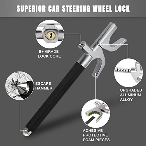 Roadgive Car Steering Wheel Lock - Heavy Duty Anti-Theft Steering Wheel Lock Retractable Steering Lock Double Hook Universal Fit Emergency Hammer Window Breaker With 3 Keys For Auto/Truck/Suv (Black) #TOP3
