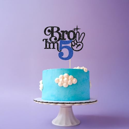 Gyufise 1Pc Brother I'm 5 Cake Topper Glitter Happy 5th Birthday Cake Pick Bro I'm 5 Cake Decoration It's My 5th Birthday Decorations for Boys Cheers to 5 Years Old Party Supplies Blue Black - Image 3