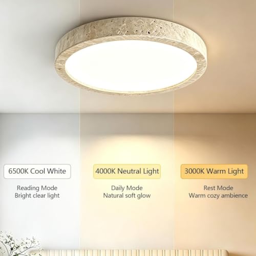 JIAODIE Nowoczesna Ściemnialna LED Plafon Naturalny Trawertyn Lampa Sufitowa Retro Wabi‑sabi Oprawa Sufitowa Do Salonu Sypialnia Jadalnia Gabinet Korytarz Oświetlenie Wewnętrzne(38cm)