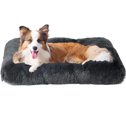 EHEYCIGA Flauschig Hundebett Mittelgroße Hunde, 90x60cm, Hundekissen Grosse Hunde Waschbar, Kuschelig rutschfest Hundematte mit Langem Plüsch, Dunkel Grau