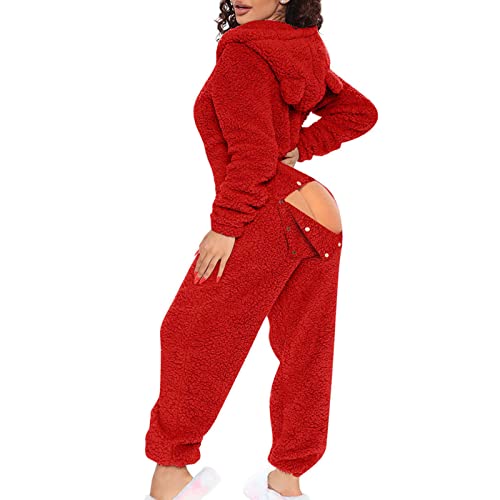 Auwer Sexy Adult Onesie Pajamas for Women Butt Flap Fleece Hooded One Piece Pajamas Womens Fluffy Sleepwear Red