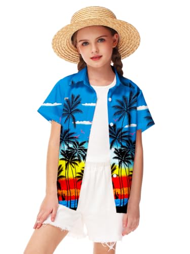 Image of Remimi Unisex Kids 4th of July Button Up Shirt Boys American Flag Print Hawaiian Beach Short Sleeve Tops 5-14 Years