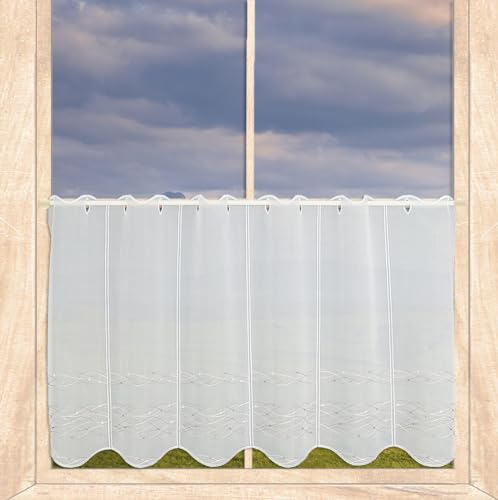 atelier alles-Spitze Elegante halbtransparente Stickerei-Scheibengardine Sina | Zeitlos bestickte Bistrogardine mit Wellenmuster in weiß-Silber-Taupe | Höhe x Breite 55 x 80 cm