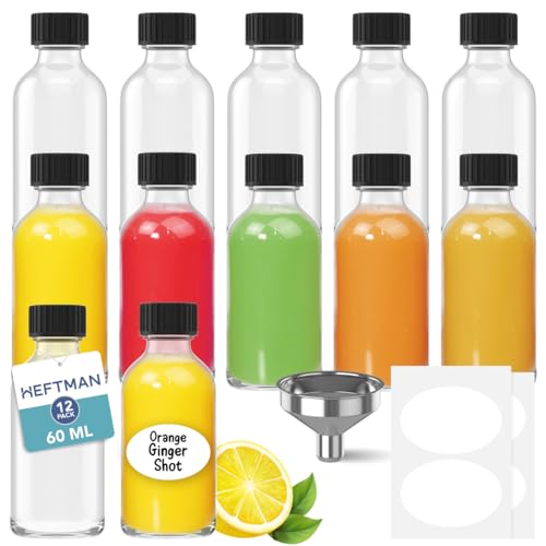Heftman Mini Botellas De Cristal Con Tapas - Paquete De 12 Shots Botellitas De 60 Ml Con 3 Embudos Y Etiquetas, Botellitas Pequeñas Para Rellenar Reutilizables Para Jugos, Aceites, Licores Y Salsas Heftman Mini Botellas De Cristal Con Tapas - Paquete De 12 Shots Botellitas De 60 Ml Con 3 Embudos Y Etiquetas, Botellitas Pequeñas Para Rellenar Reutilizables Para Jugos, Aceites, Licores Y Salsas