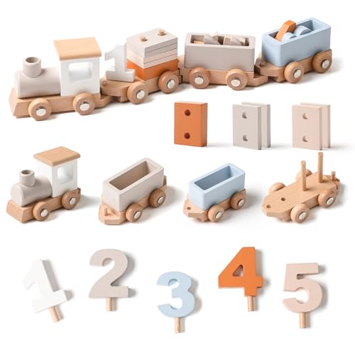 Mamimami Home Wooden Train Set Train with Numbers & Blocks for Toddlers 1-4, Baby Gift